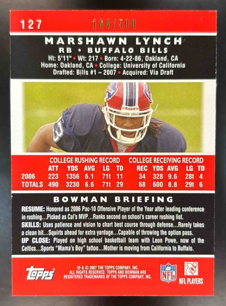 2007 Bowman Marshawn Lynch Blue /500 #127 RC Buffalo Bills - Sports Cards