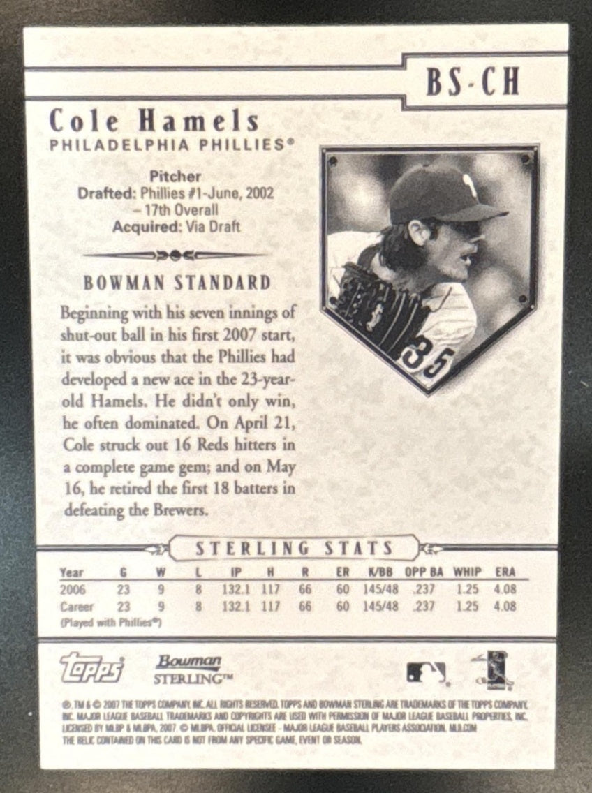 2007 Bowman Sterling Cole Hamels Patch #BS-CH MEM Philadelphia Phillies - Sports Cards