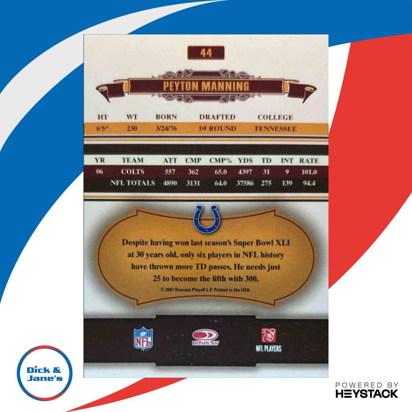 2007 Donruss Classics Peyton Manning #44 ERROR (PLAXICO BURRESS ON FRONT) Colts - Sports Cards