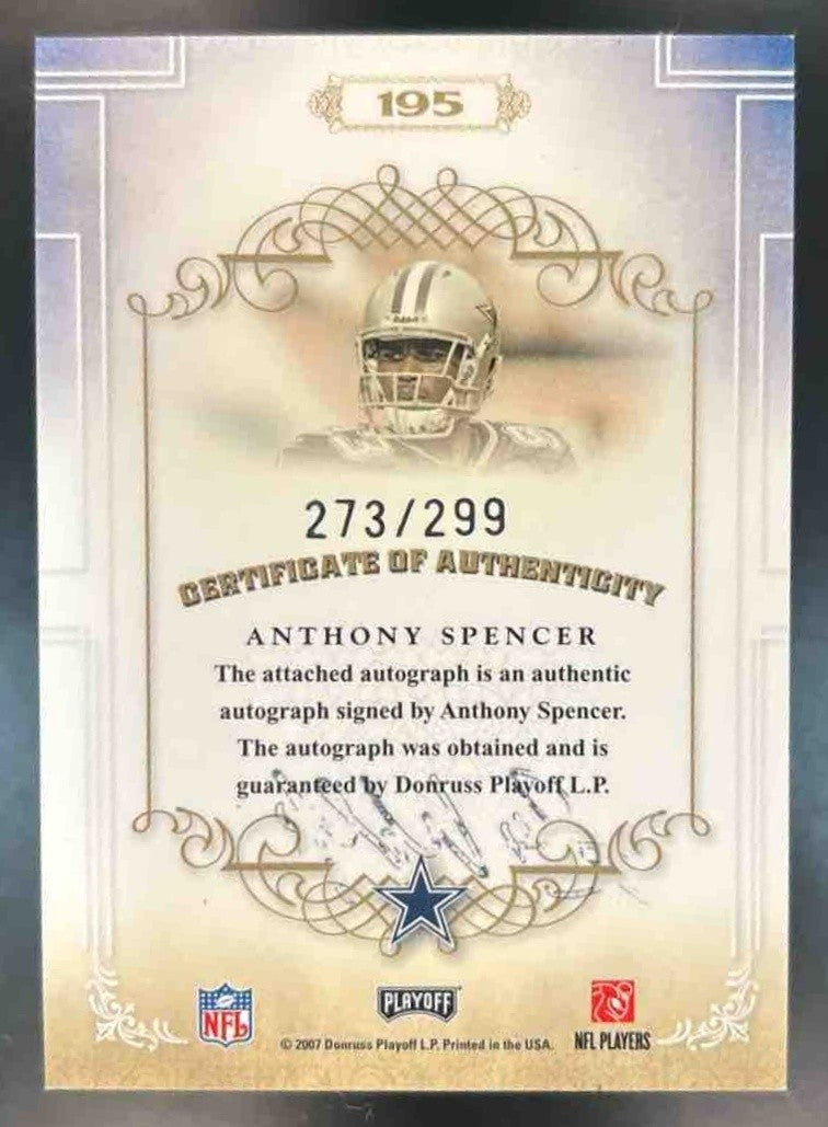 2007 Playoff National Treasures Anthony Spencer /299 #195 Auto RC Dallas Cowboys - Sports Cards