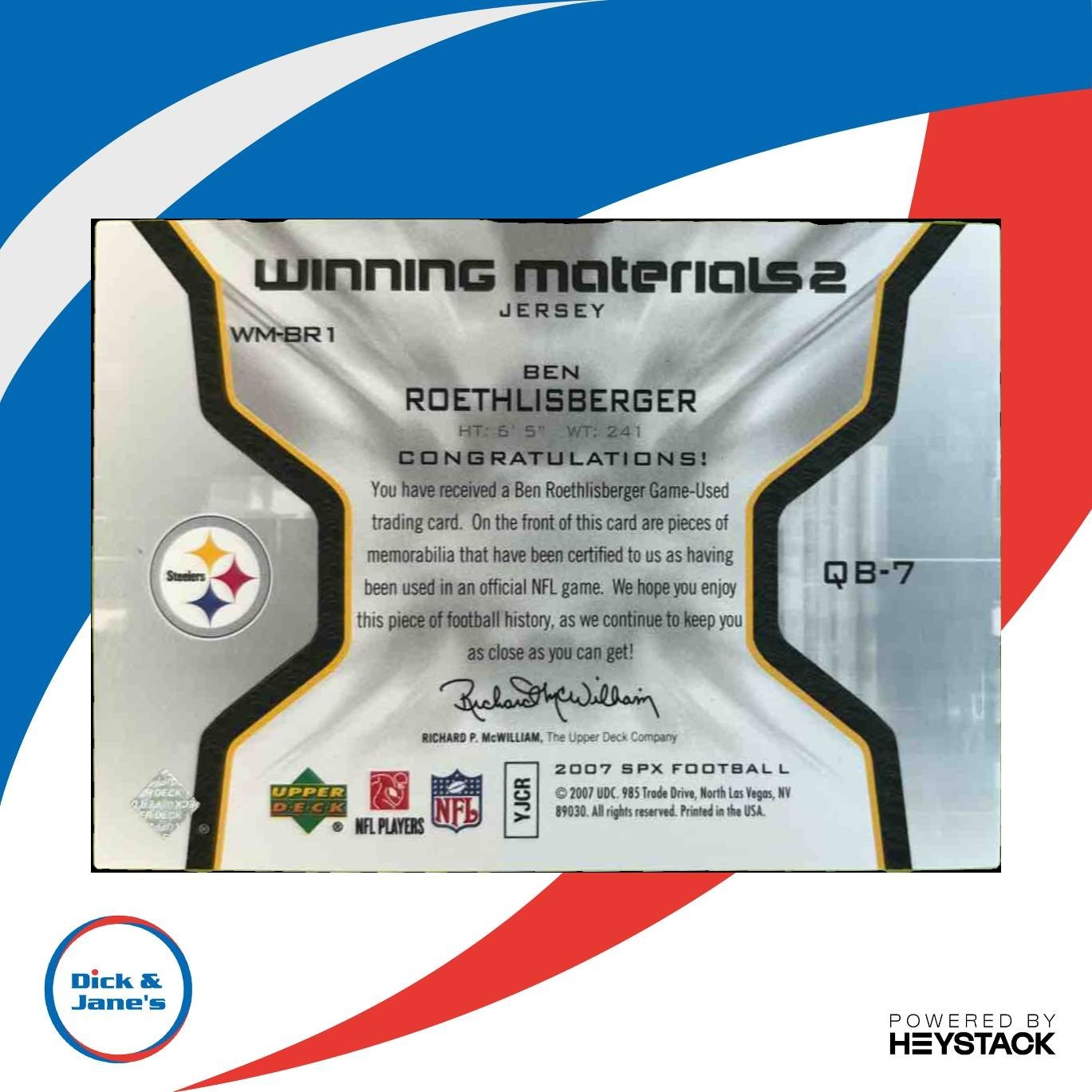 2007 SPx Ben Roethlisberger Winning Materials Jersey MEM Pittsburgh Steelers - Sports Cards
