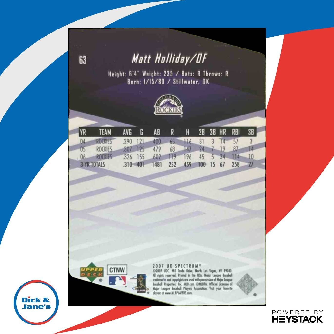2007 Upper Deck Spectrum Matt Holliday Die Cut Gold /99 #63 Colorado Rockies - Sports Cards