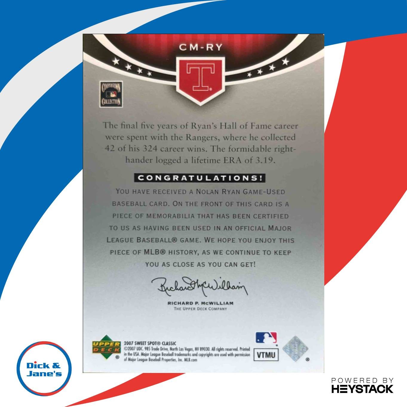 2007 Upper Deck Sweet Spot Classic Nolan Ryan Memorabilia #CM-RY Texas Rangers - Sports Cards