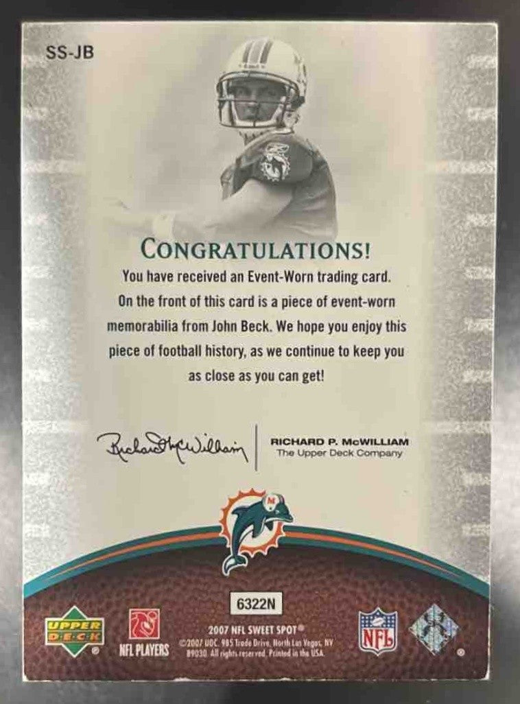 2007 Upper Deck Sweet Spot John Beck Swatch Jersey RC Miami Dolphins - Sports Cards