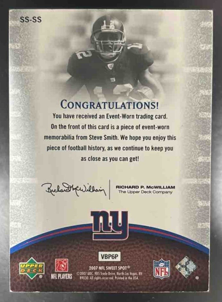 2007 Upper Deck Sweet Spot Steve Smith Swatch Jersey RC New York Giants - Sports Cards