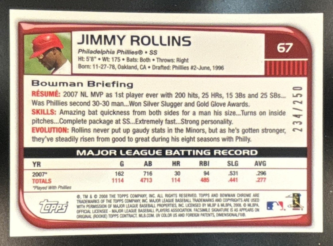 2008 Bowman Chrome Jimmy Rollins X Fractors /250 #67 Philadelphia Phillies - Sports Cards