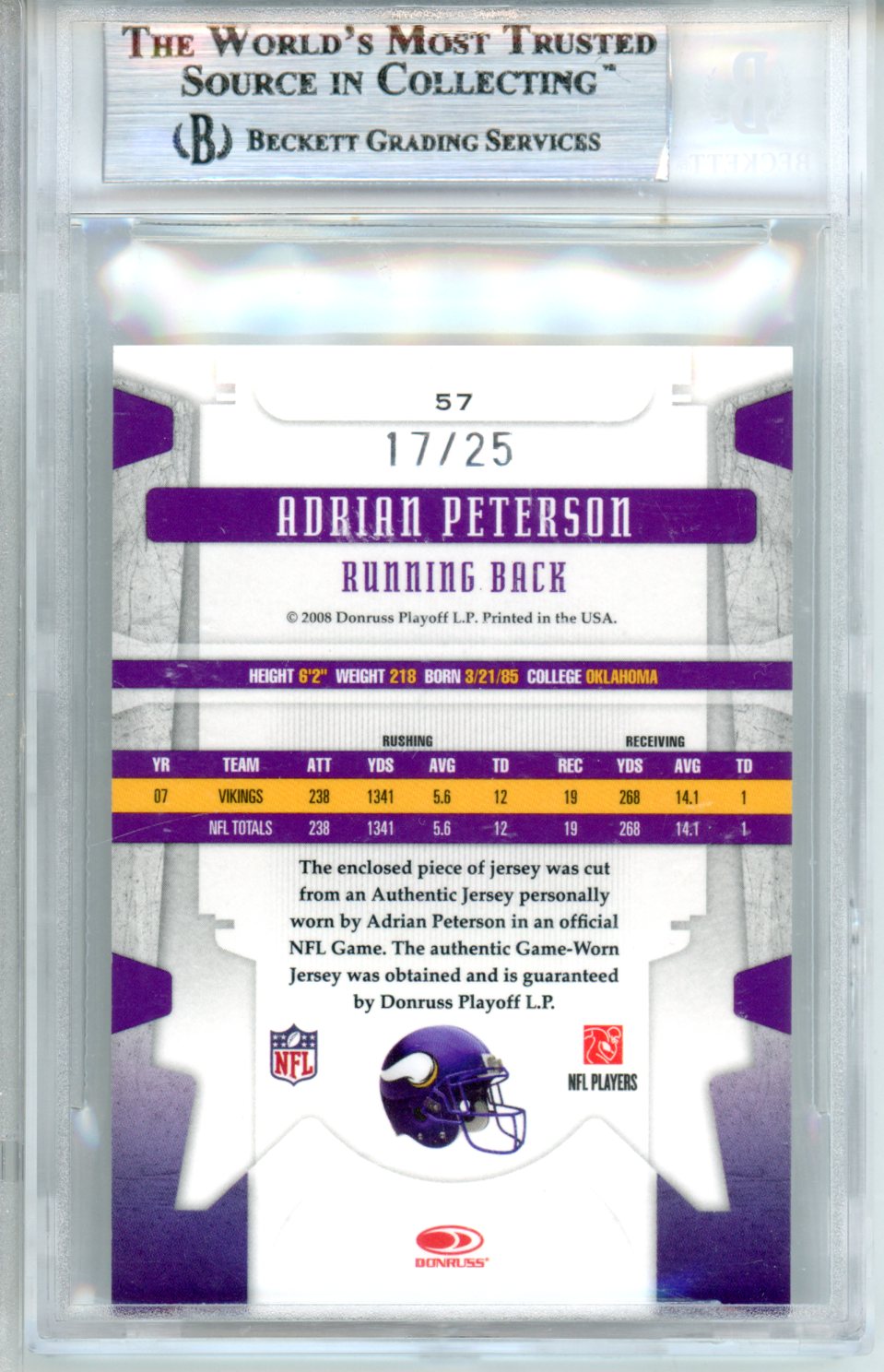 2008 Leaf Limited Threads Prime Adrian Peterson /25 #57 BGS 9 - Graded Sports Cards
