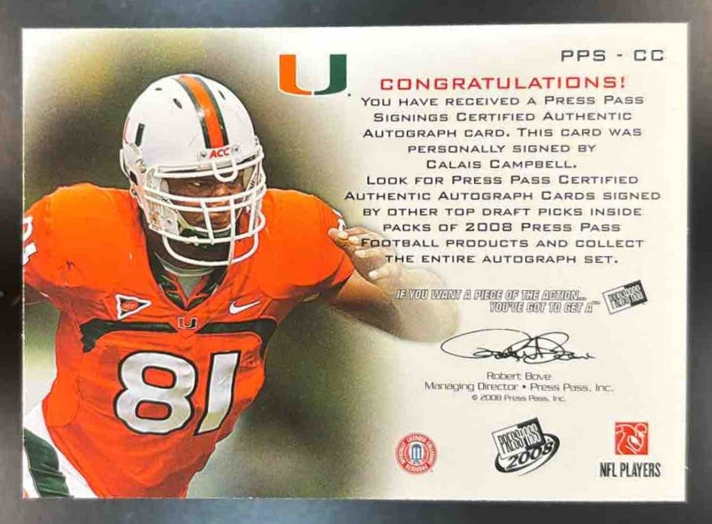 2008 Press Pass Calais Campbell Auto Bronze #PPS-CC Miami Hurricanes - Sports Cards