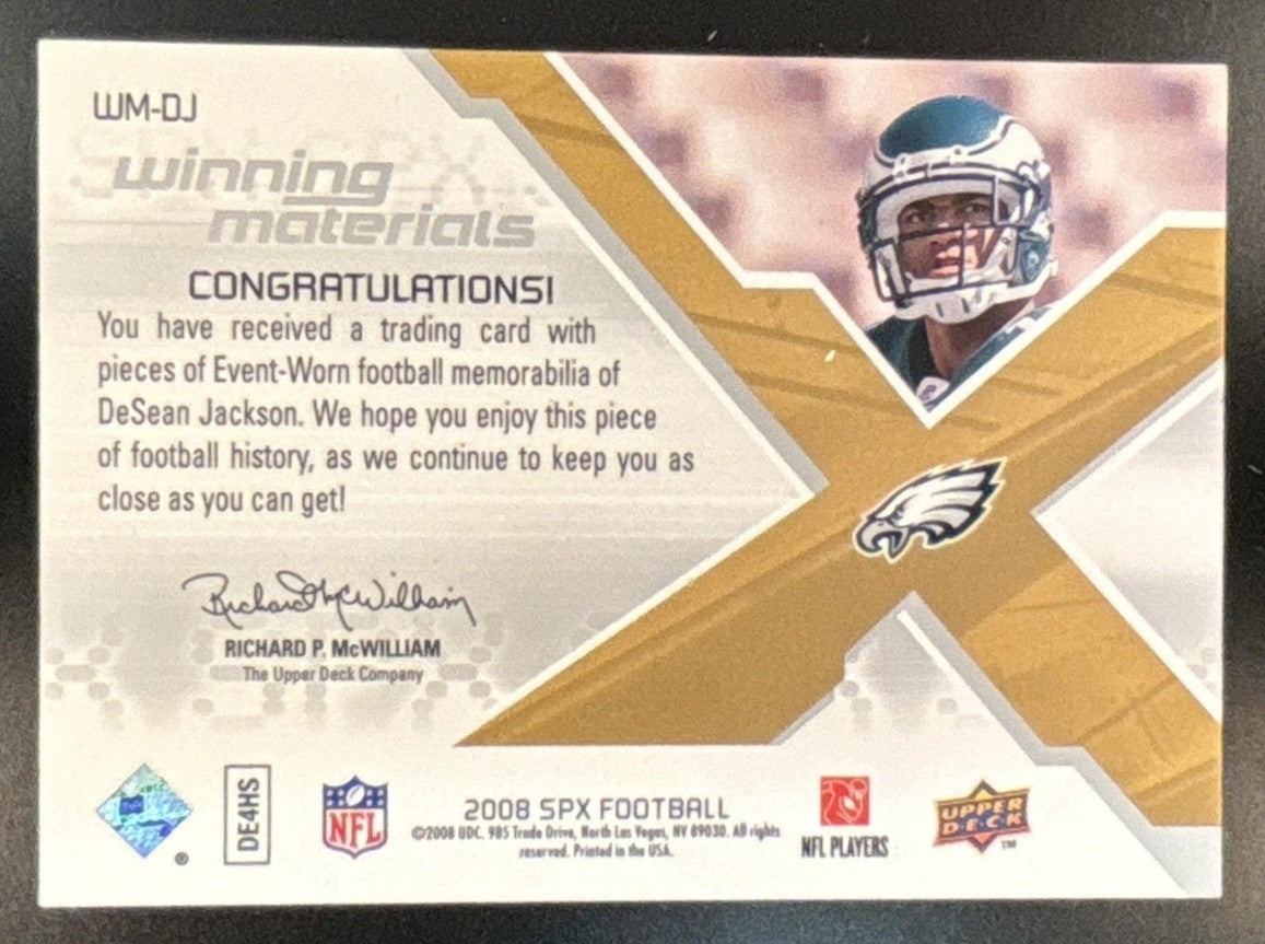 2008 SPx DeSean Jackson Winning Materials Team Logo /25 MEM RC Eagles - Sports Cards