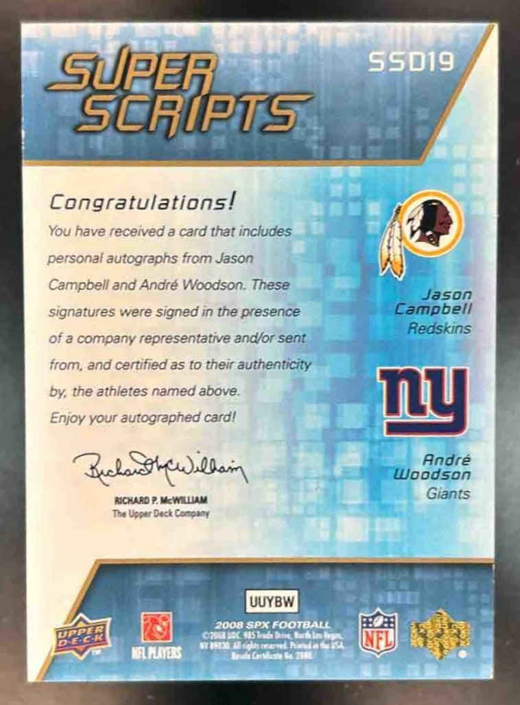 2008 SPx Jason Campbell Andre Woodson Super Scripts Auto Dual /75 Houston Texans - Sports Cards