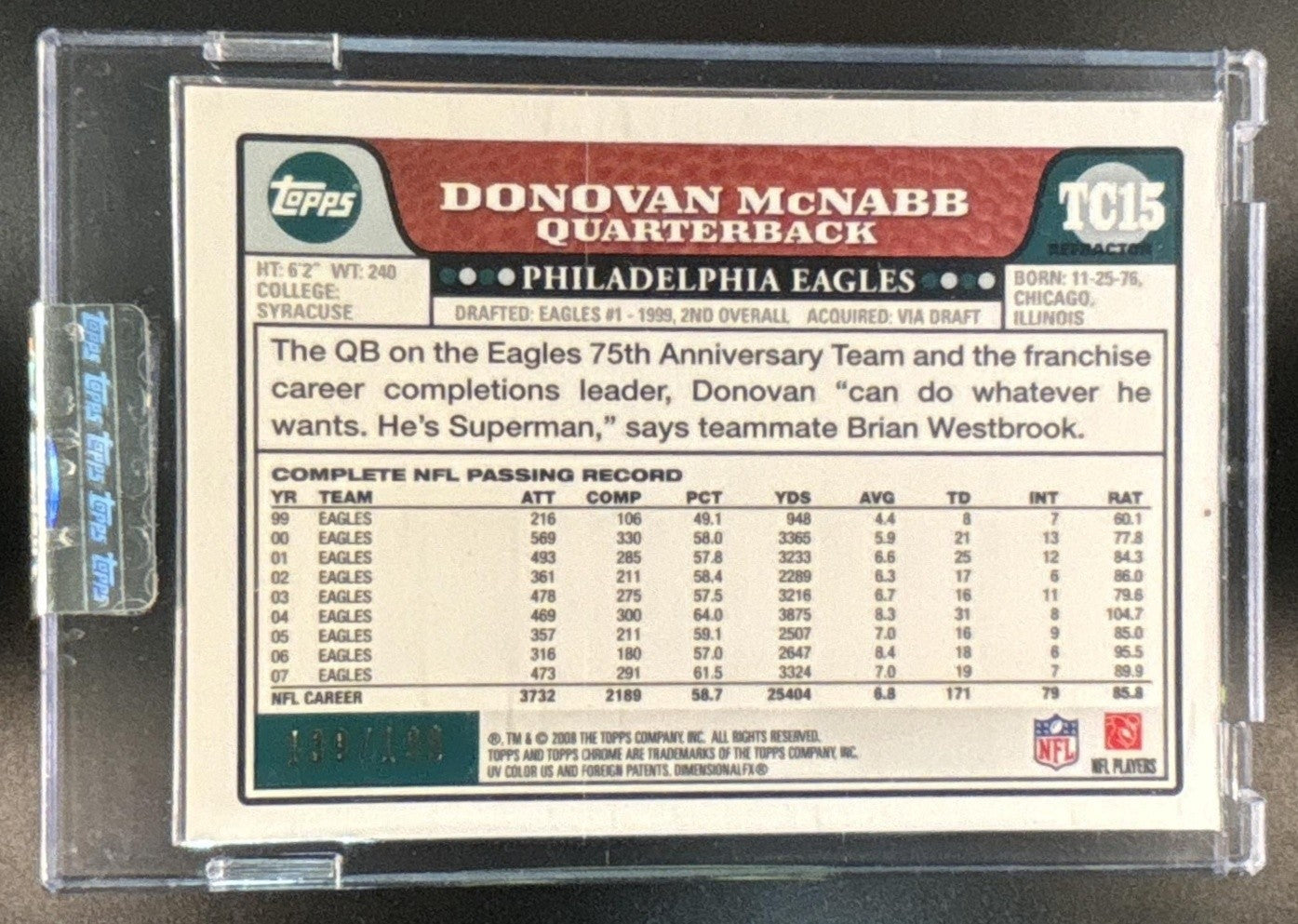 2008 Topps Chrome Donovan McNabb Gold Refractor /199 #TC15 Philadelphia Eagles - Sports Cards