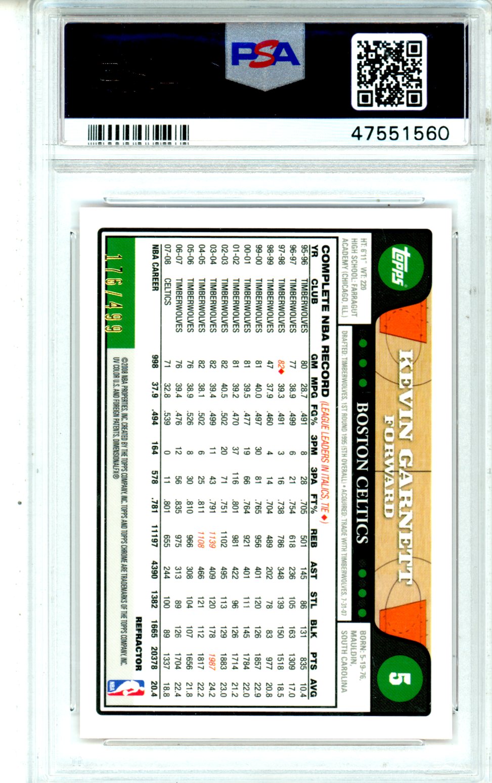 2008 Topps Chrome Kevin Garnett Orange Refractor /499 #5 PSA 9 - Graded Sports Cards