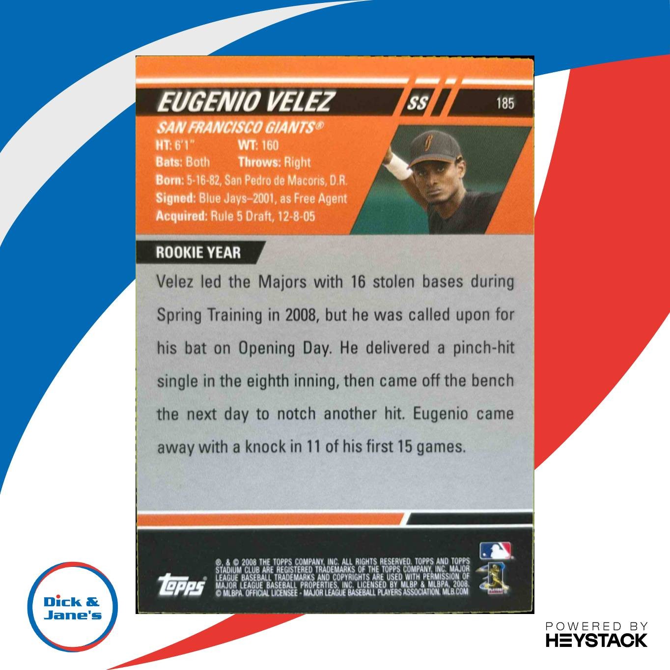 2008 Topps Stadium Club Eugenio Velez #185 Auto RC San Francisco Giants - Sports Cards