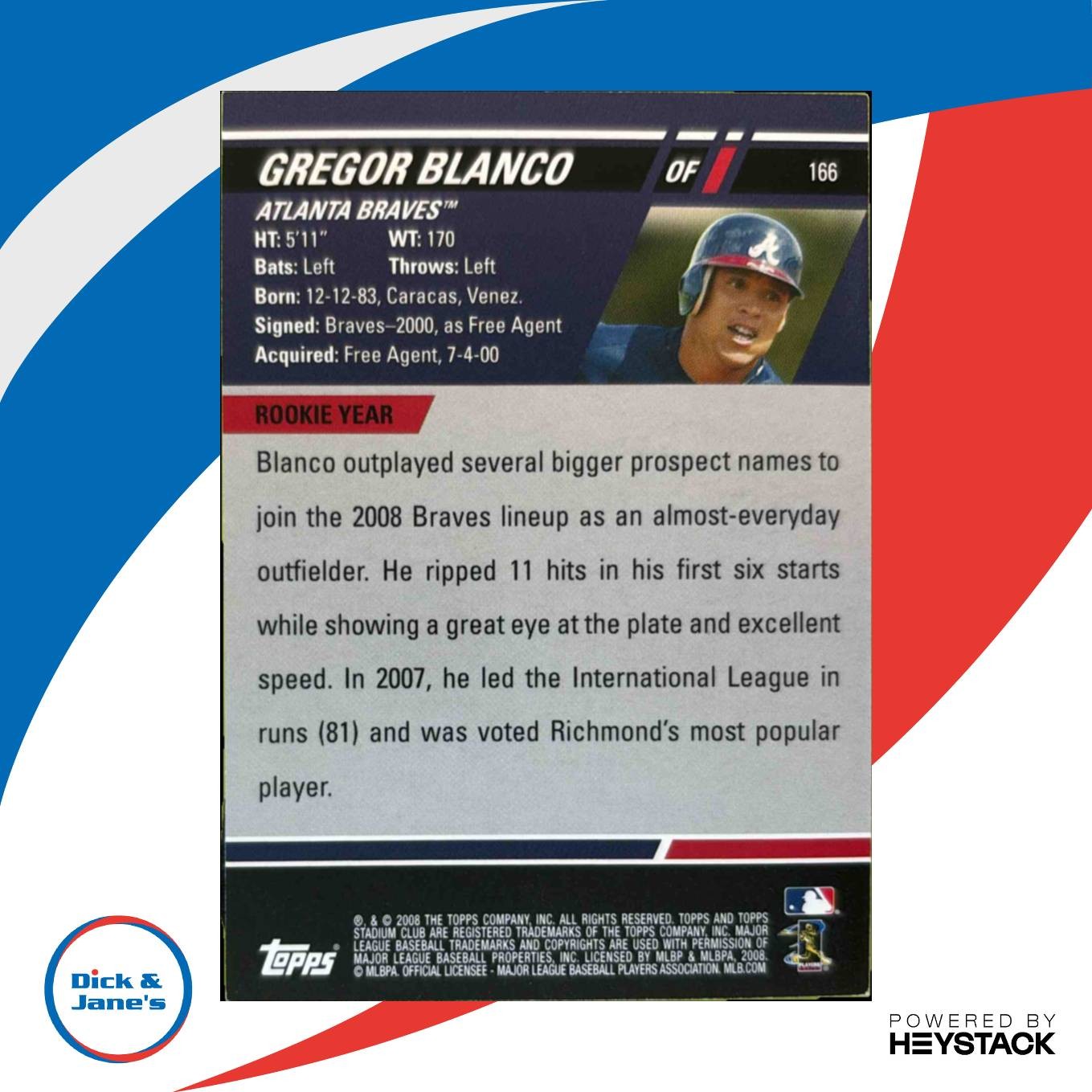 2008 Topps Stadium Club Gregor Blanco #166 Auto Atlanta Braves - Sports Cards