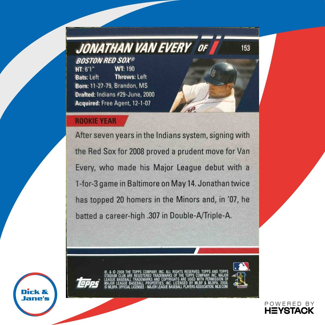 2008 Topps Stadium Club Jonathan Van Every #153 Auto RC Boston Red Sox - Sports Cards