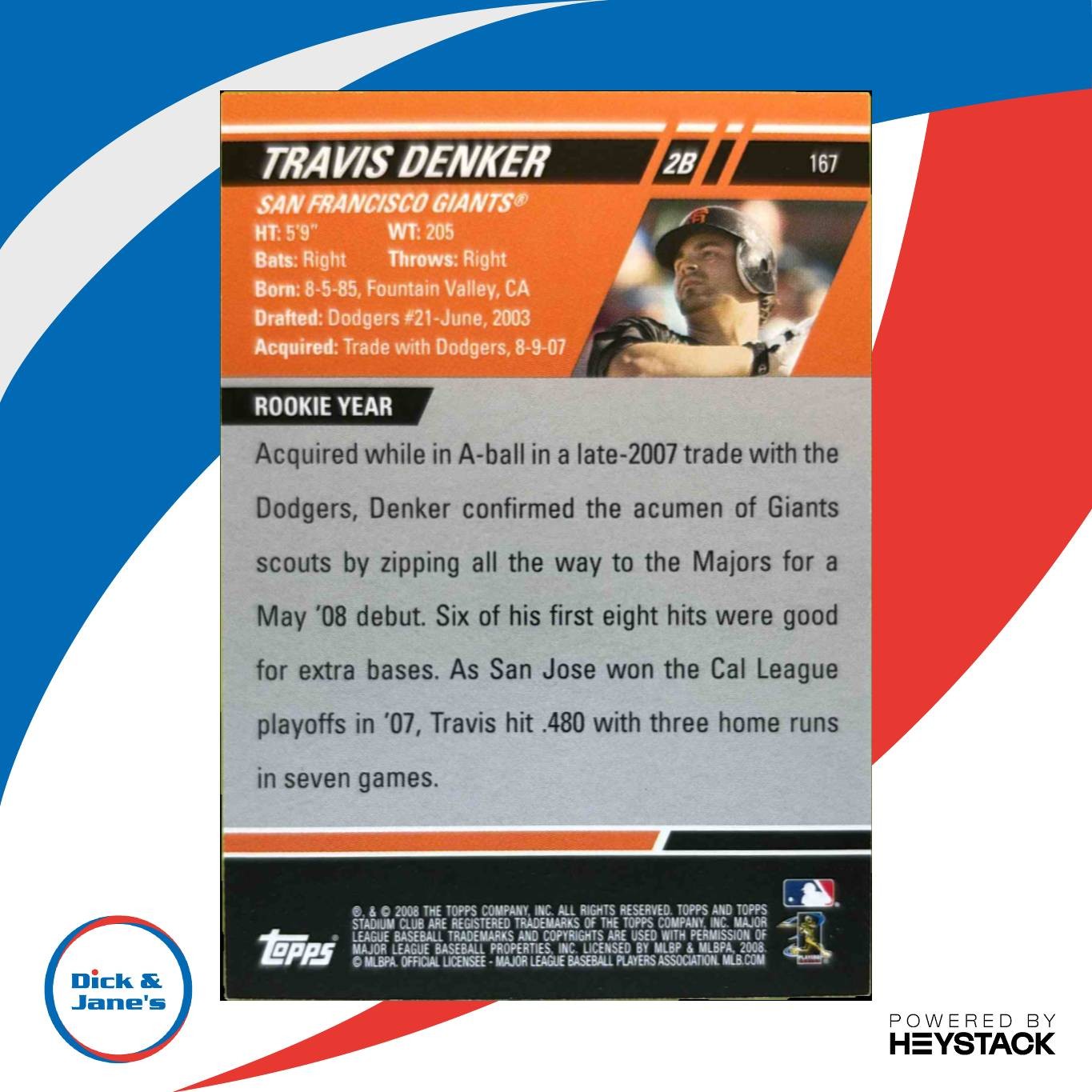 2008 Topps Stadium Club Travis Denker #167 Auto RC San Francisco Giants - Sports Cards