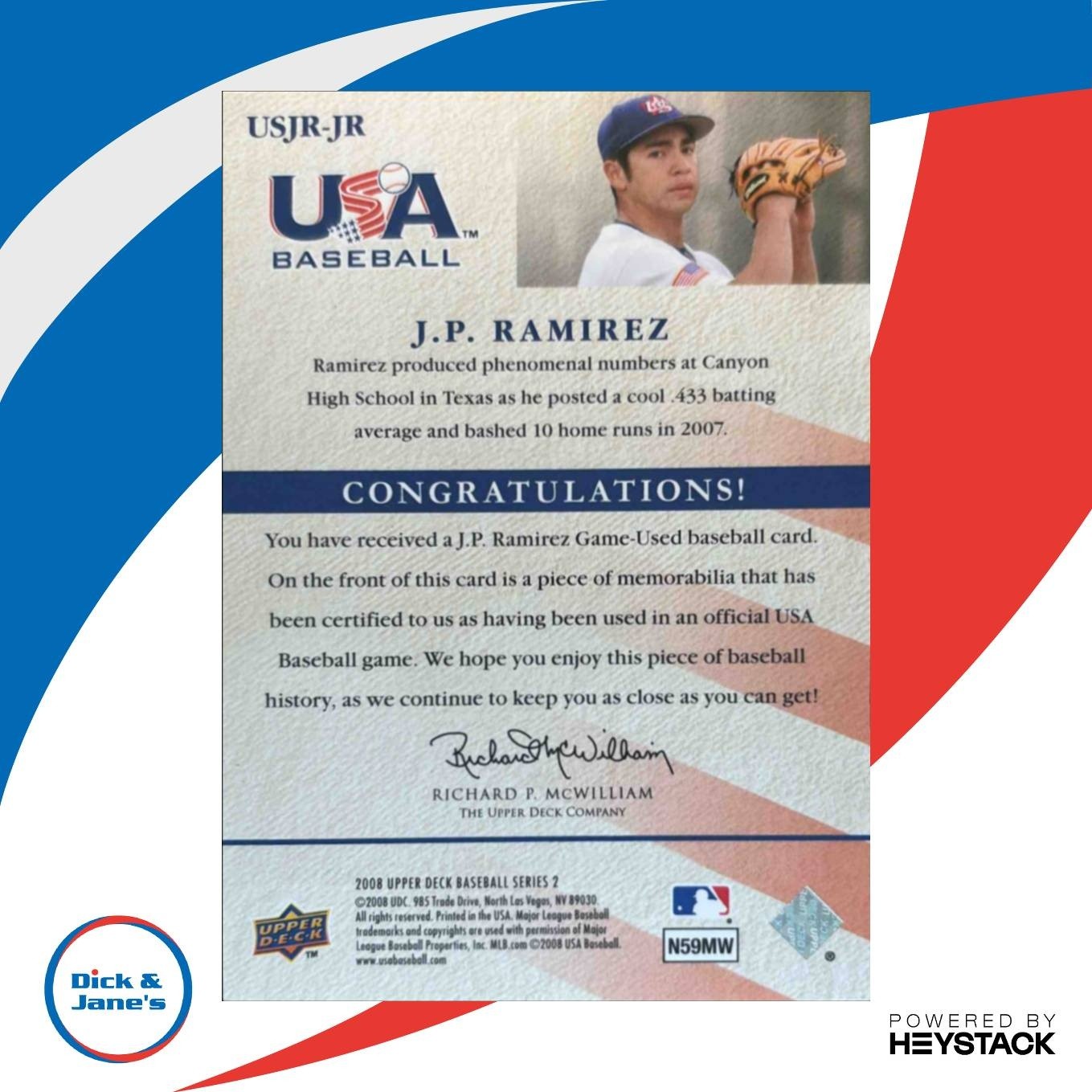 2008 Upper Deck J.P. Ramirez USA Junior National Team Jerseys #USJR-JR MEM RC - Sports Cards