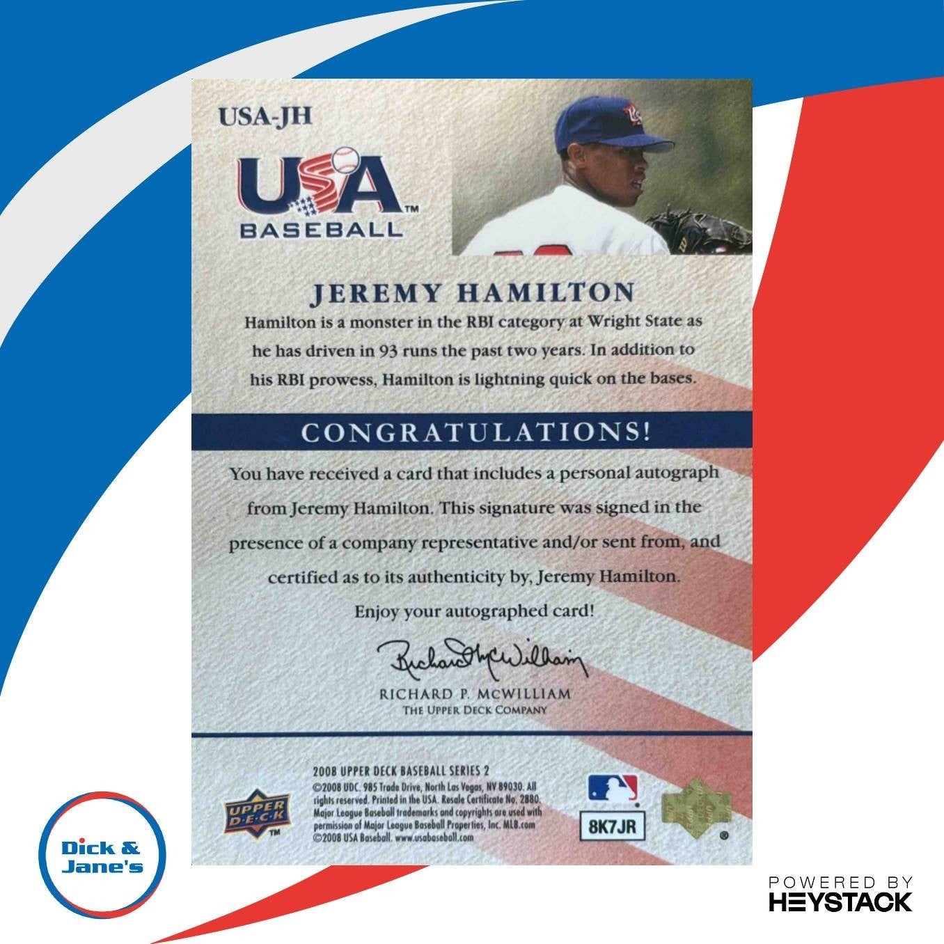 2008 Upper Deck Jeremy Hamilton USA National Team Auto Blue /204 #USA-JH - Sports Cards