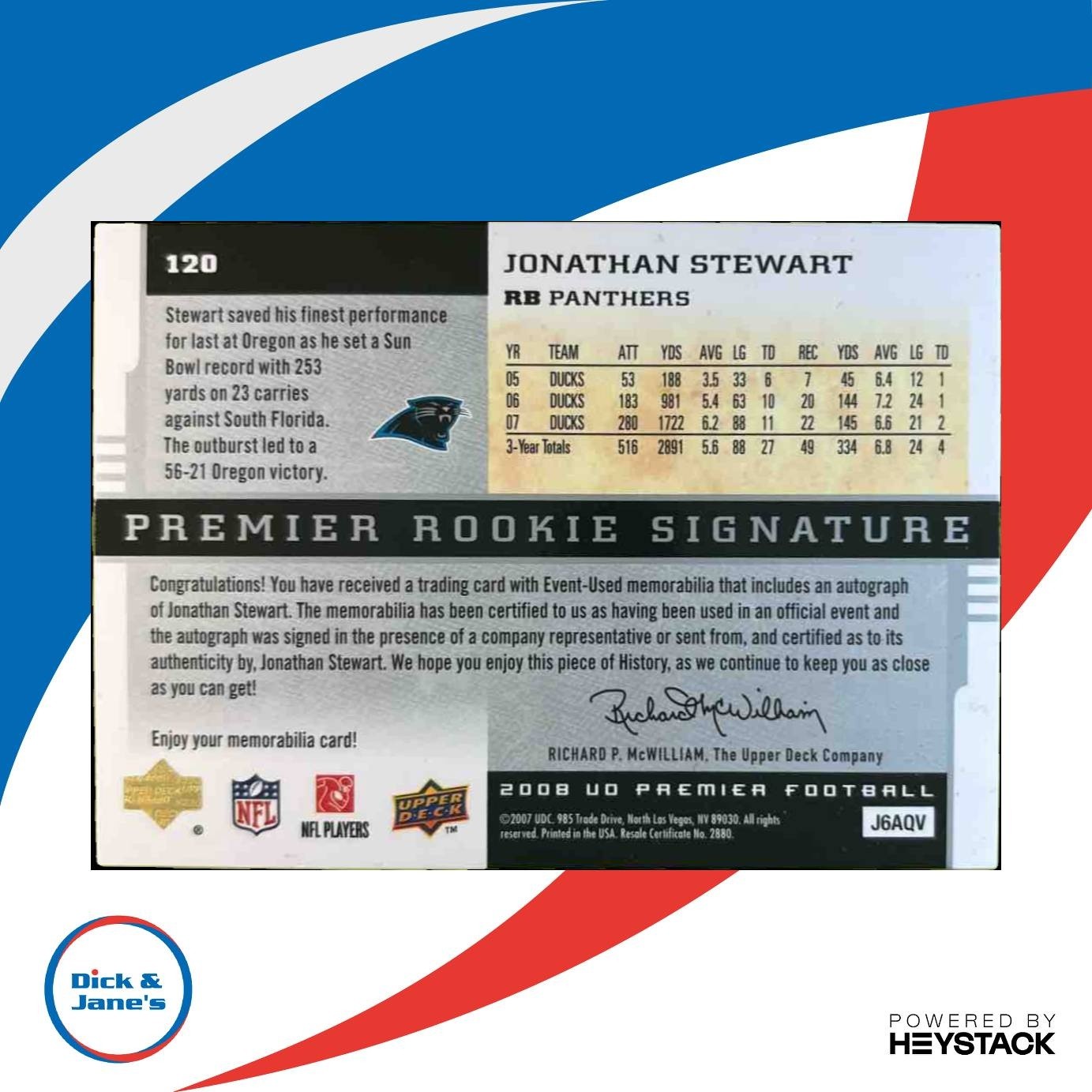 2008 Upper Deck Jonathan Stewart Silver /60 #120 RC Auto (Faded) Panthers - Sports Cards