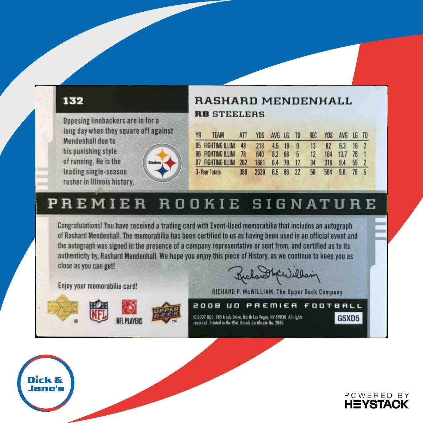 2008 Upper Deck Rashard Mendenhall Silver /60 #132 RC Auto (faded) Steelers - Sports Cards