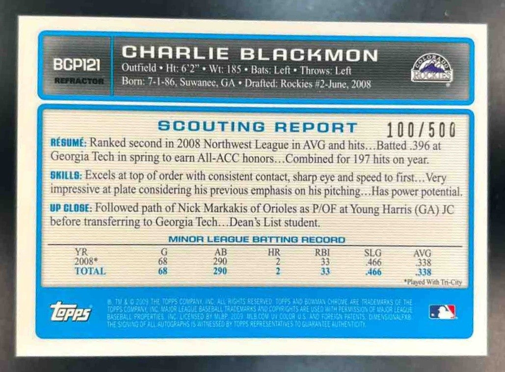 2009 Bowman Charlie Blackmon Chrome Auto Prospects Refractor 100/500 #BCP121 - Sports Cards