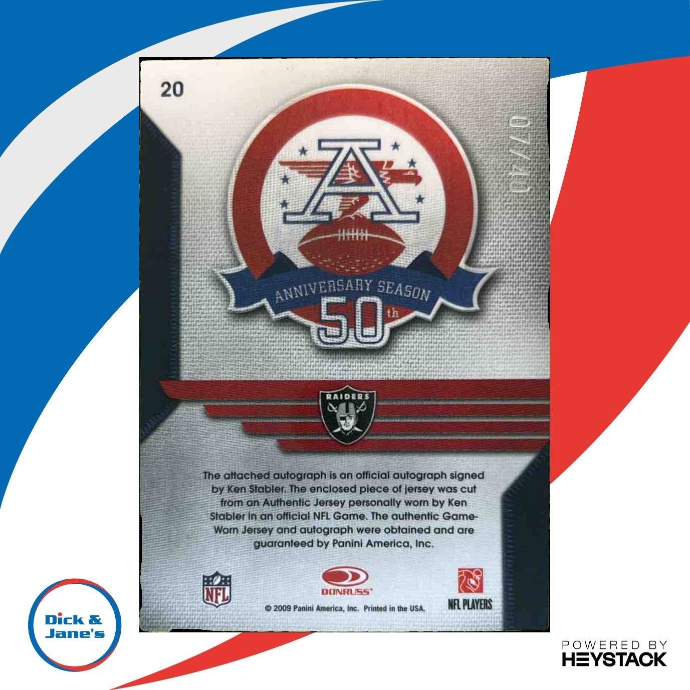 2009 Playoff National Treasures Ken Stabler Signature Materials /40 #20 Raiders - Sports Cards