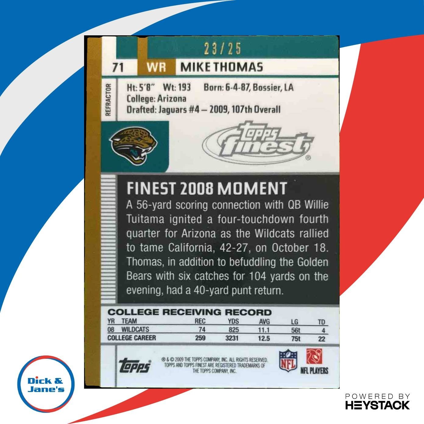 2009 Topps Finest Mike Thomas Rookie Jersey Auto Gold /25 #71 RC Jaguars - Sports Cards