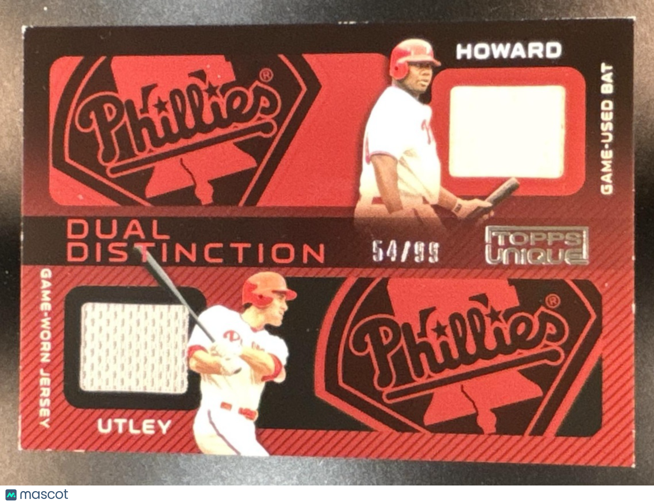 2009 Topps Unique Ryan Howard Chase Utley Dual Distinction Relics /99 MEM - Sports Cards