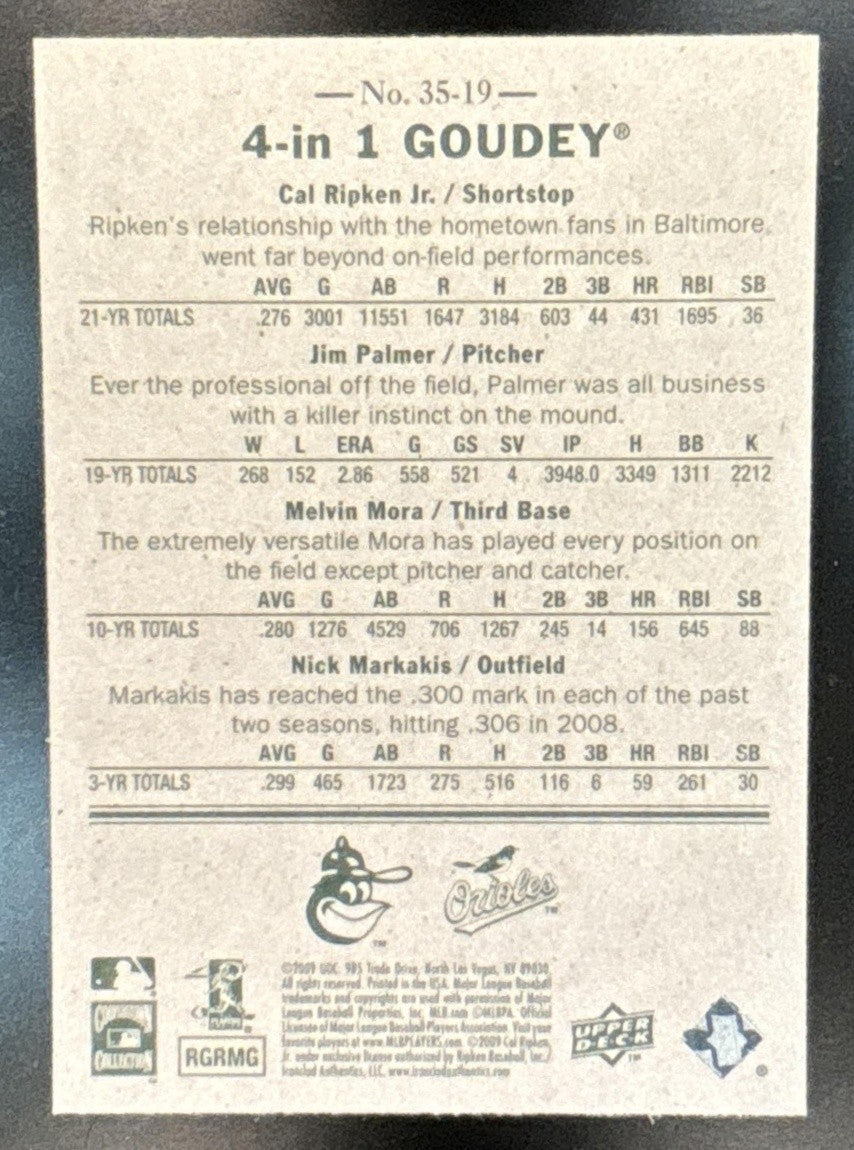 2009 UD Goudey Cal Ripken Jr. Jim Palmer Melvin Mora Nick Markakis 4 in 1 Red - Sports Cards