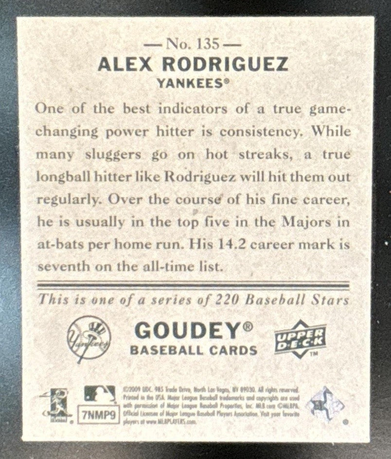 2009 Upper Deck Goudey Alex Rodriguez Mini Navy Blue Back #135 New York Yankees - Sports Cards