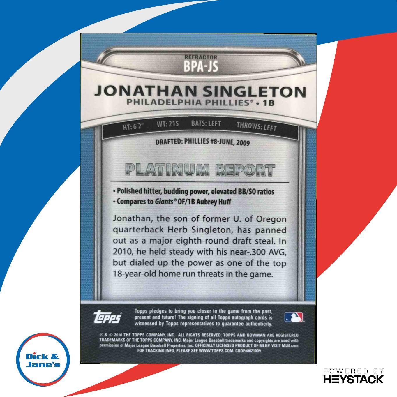 2010 Bowman Platinum Jonathan Singleton Prospect Auto Refractor Phillies - Sports Cards