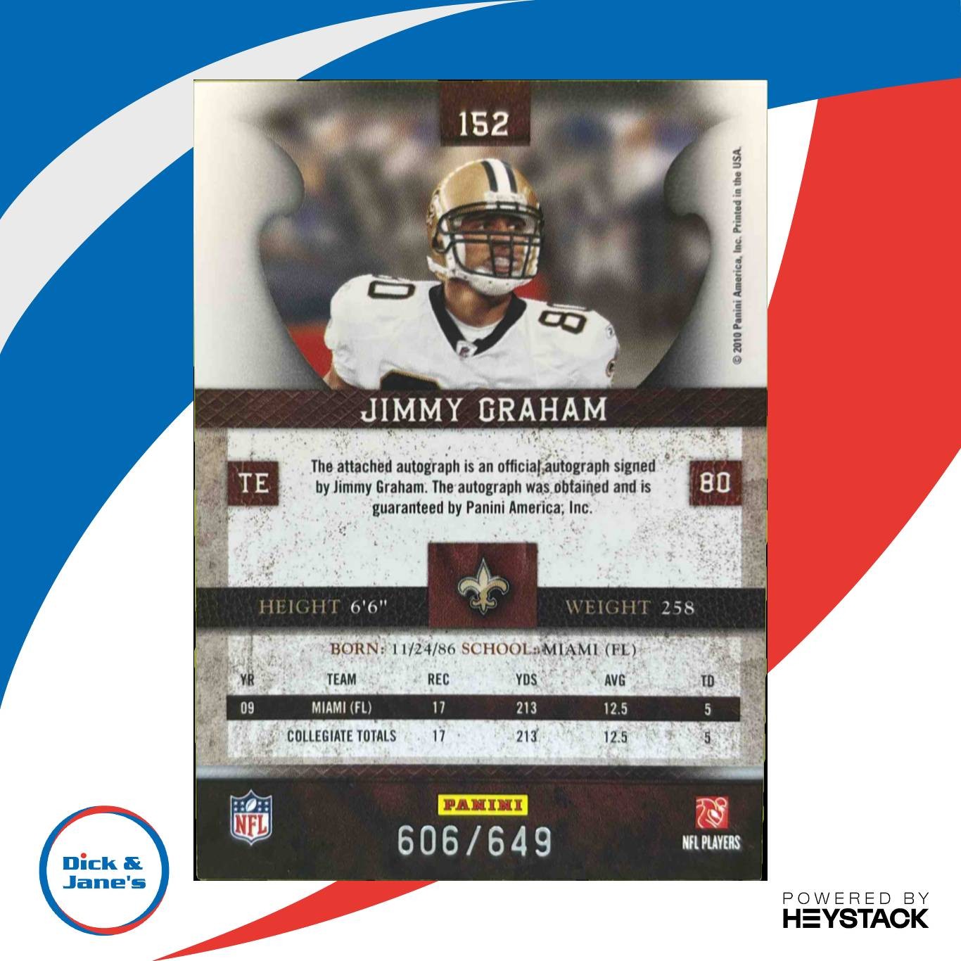 2010 Panini Plates & Patches Jimmy Graham /649 #152 RC Auto New Orleans Saints - Sports Cards