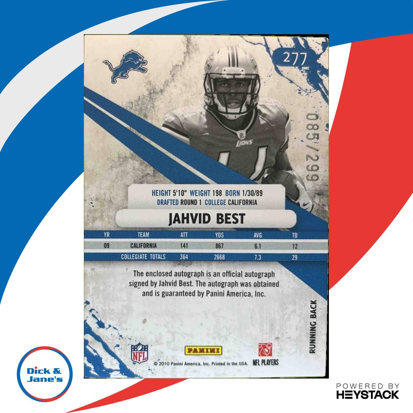 2010 Panini Rookies & Stars Jahvid Best 85/299 #277 RC Auto Detroit Lions - Sports Cards
