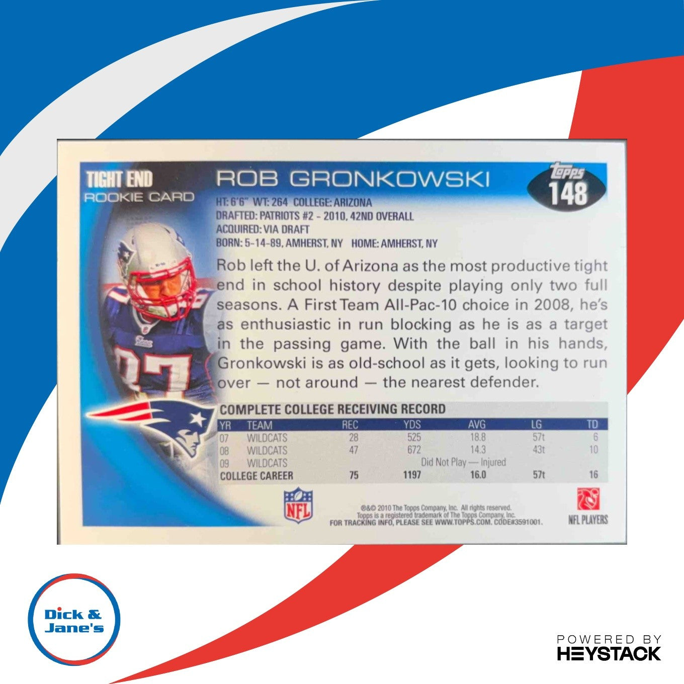 2010 Topps Rob Gronkowski #148a RC New England Patriots Rookie Card - Sports Cards