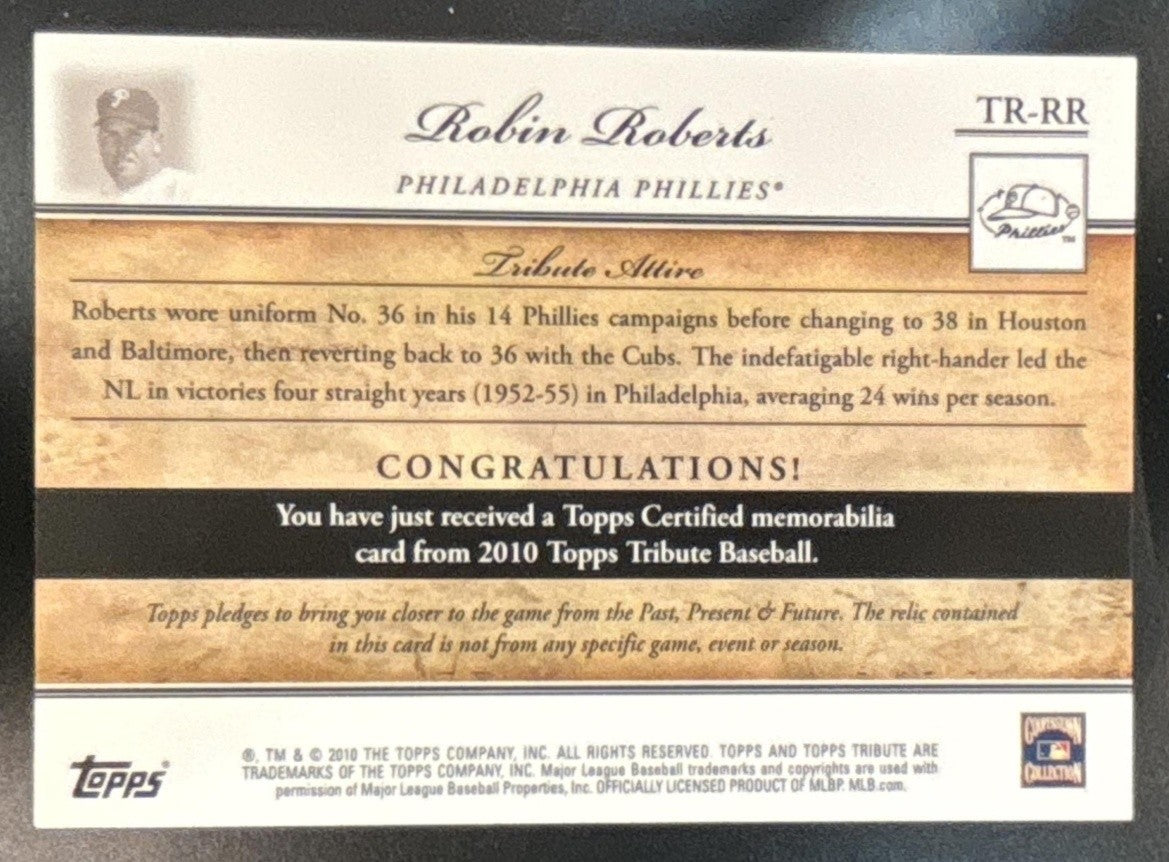 2010 Topps Tribute Robin Roberts Relics Black /50 #TR-RR Philadelphia Phillies - Sports Cards