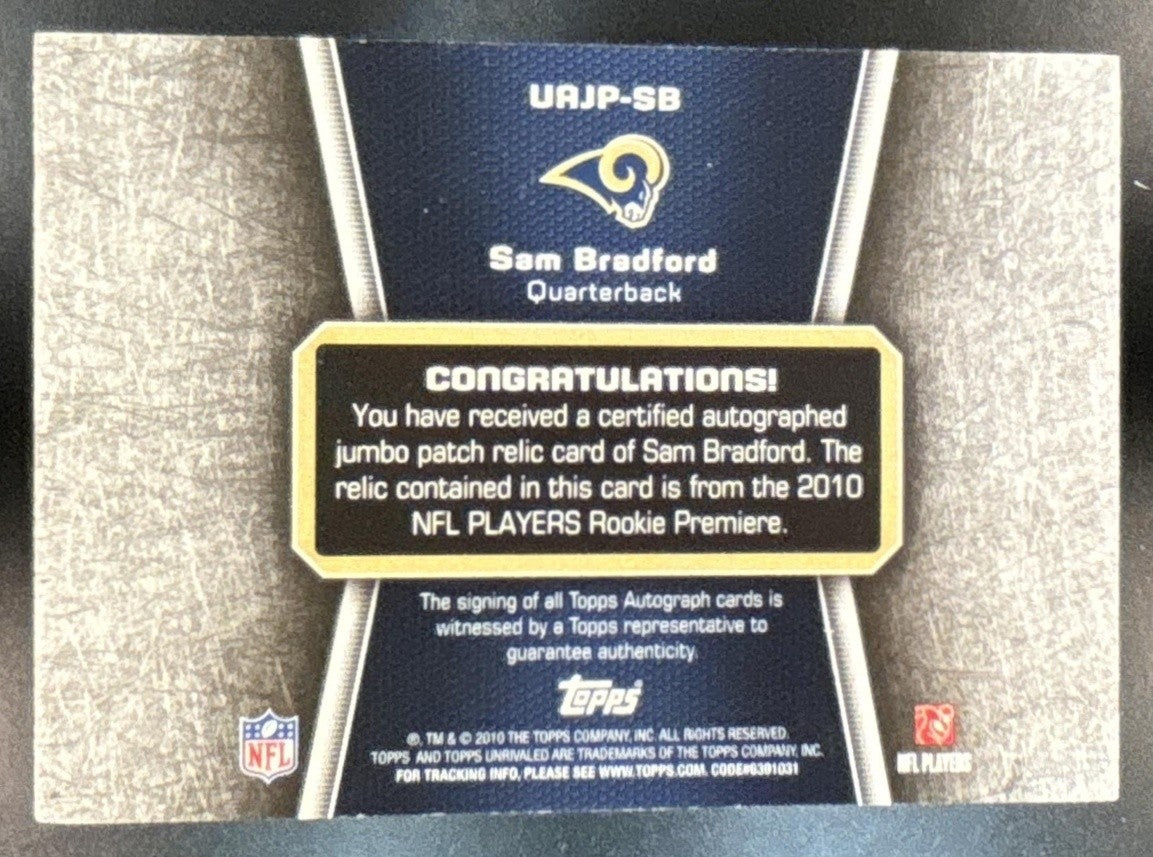2010 Topps Unrivaled Sam Bradford Auto Patch Jumbo /15 UAJP-SB RC St. Louis Rams - Sports Cards