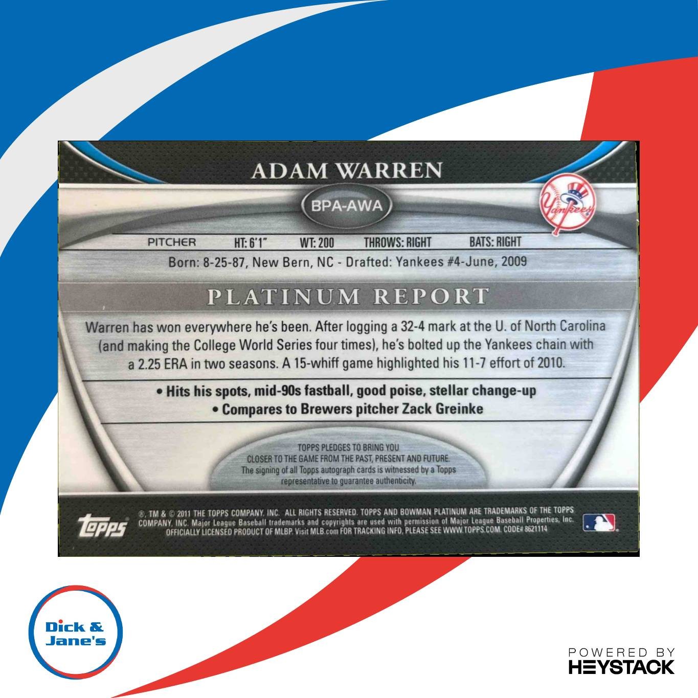 2011 Bowman Platinum Adam Warren Prospect Auto Refractor New York Yankees - Sports Cards