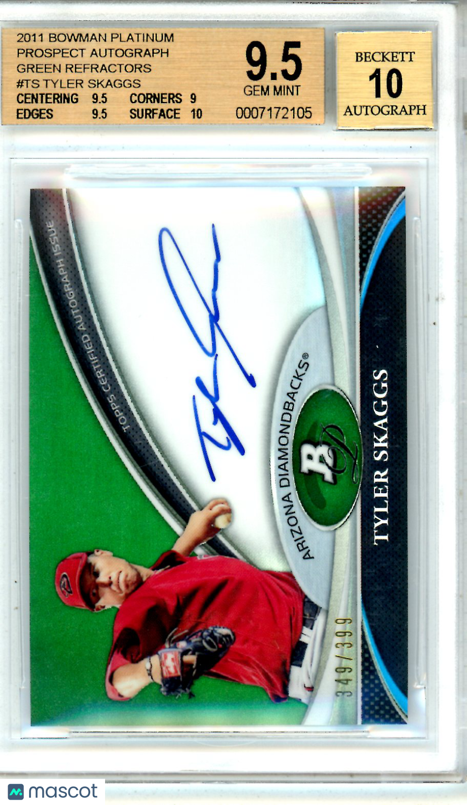 2011 Bowman Platinum Prospect Auto Green Ref. Tyler Skaggs /399 BGS 9.5 AUTO 10 - Graded Sports Cards