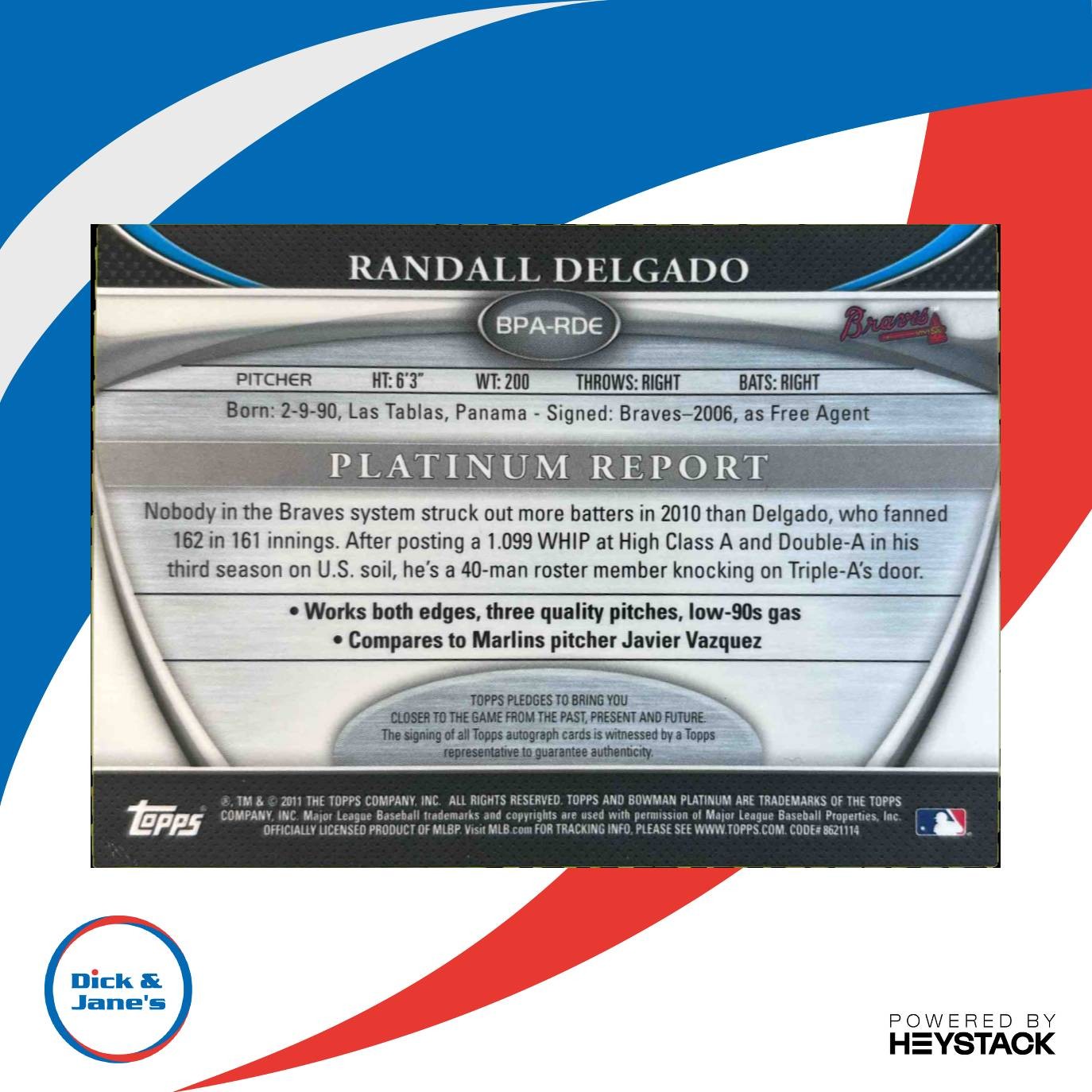 2011 Bowman Platinum Randall Delgado Prospect Auto Green Refractor/399 RC Braves - Sports Cards