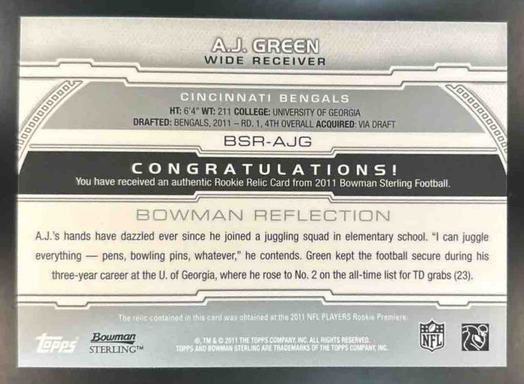 2011 Bowman Sterling A.J. Green Relic #BSR-AJG RC Cincinnati Bengals - Sports Cards