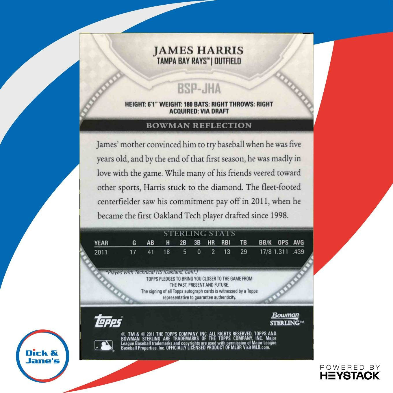 2011 Bowman Sterling James Harris Prospect Auto #BSP-JHA Tampa Bay Rays - Sports Cards