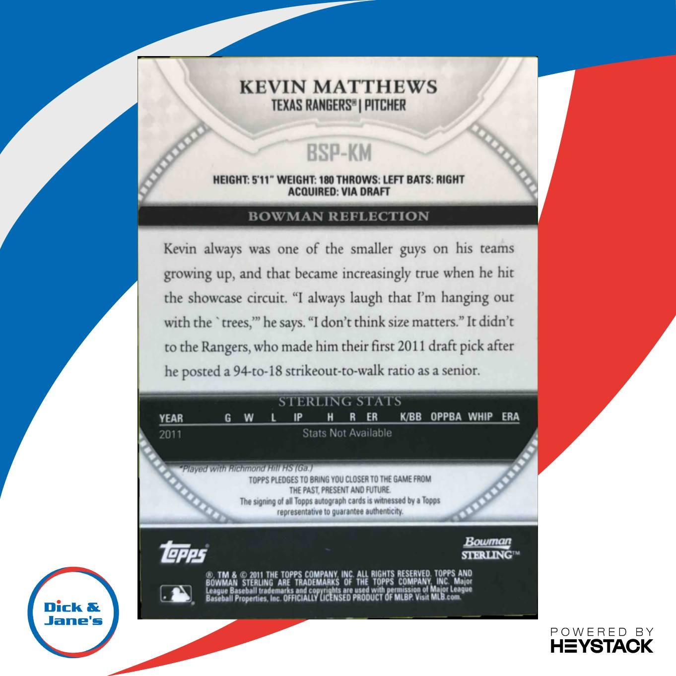 2011 Bowman Sterling Kevin Matthews Prospect Auto #BSP-KM Texas Rangers - Sports Cards