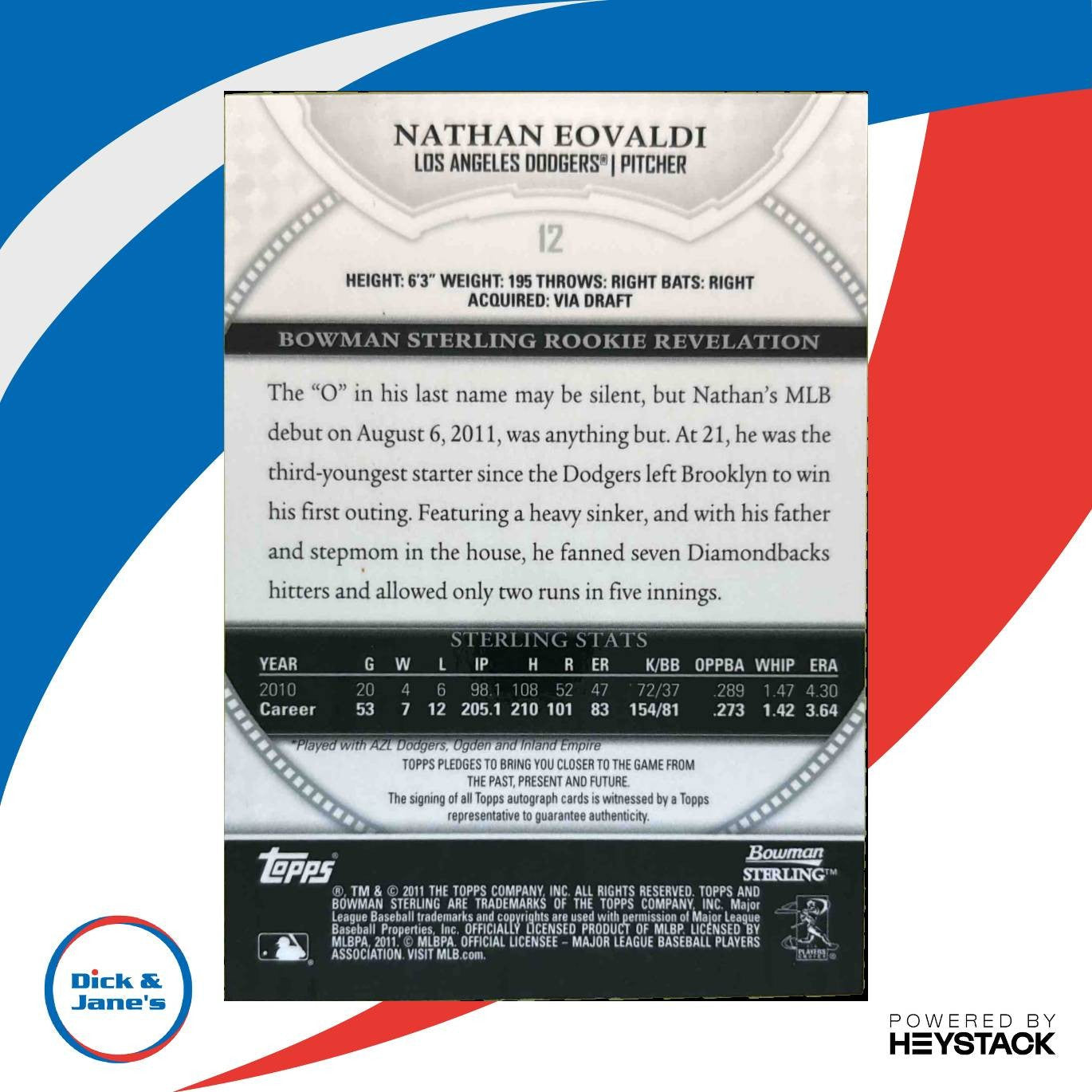 2011 Bowman Sterling Nathan Eovaldi Rookie Auto #12 RC Los Angeles Dodgers - Sports Cards