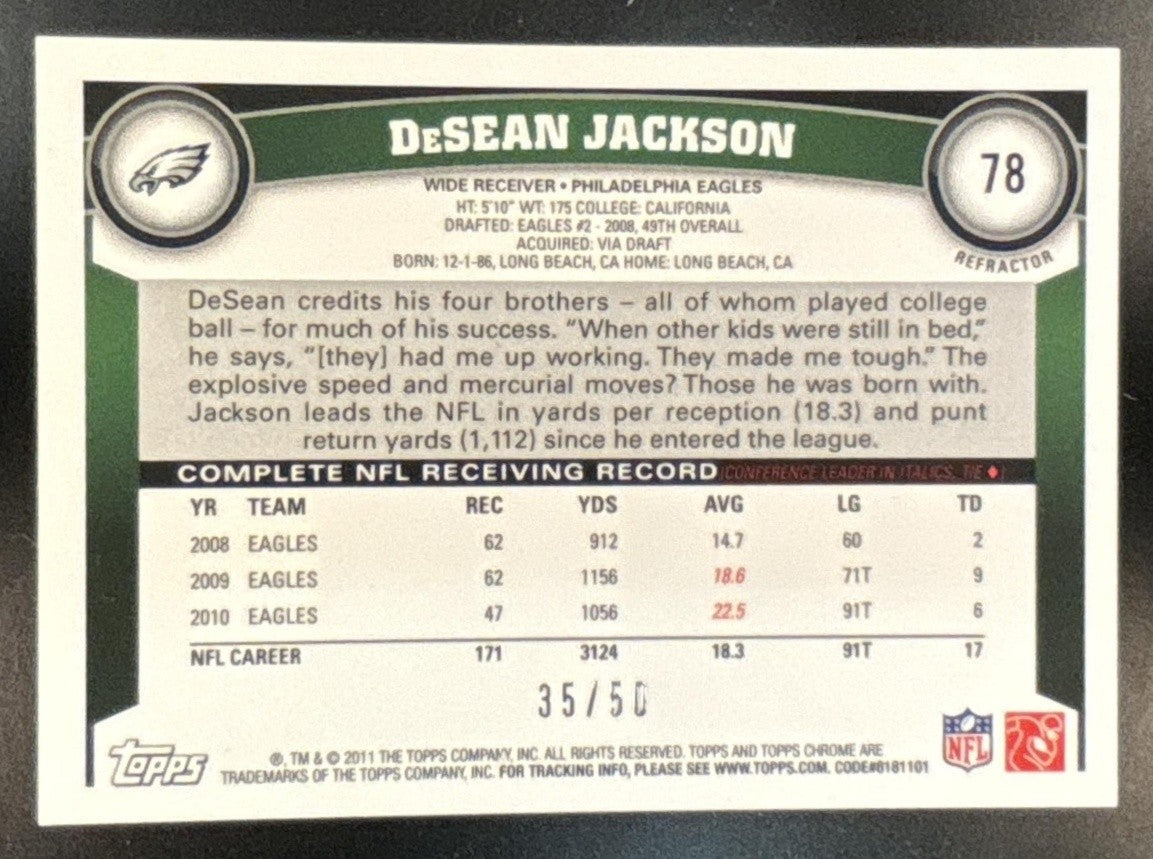 2011 Topps Chrome DeSean Jackson Gold Refractor /50 #78 Philadelphia Eagles - Sports Cards