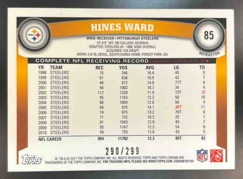2011 Topps Chrome Hines Ward Black Refractor /299 #85 Pittsburgh Steelers - Sports Cards