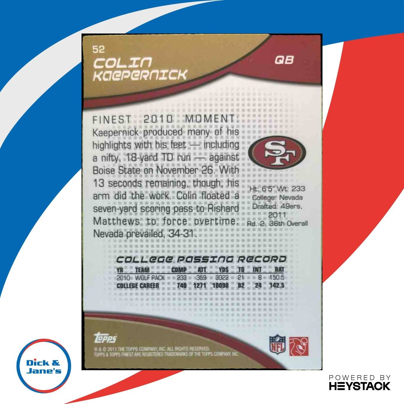 2011 Topps Finest Colin Kaepernick #52 RC San Francisco 49ers - Sports Cards