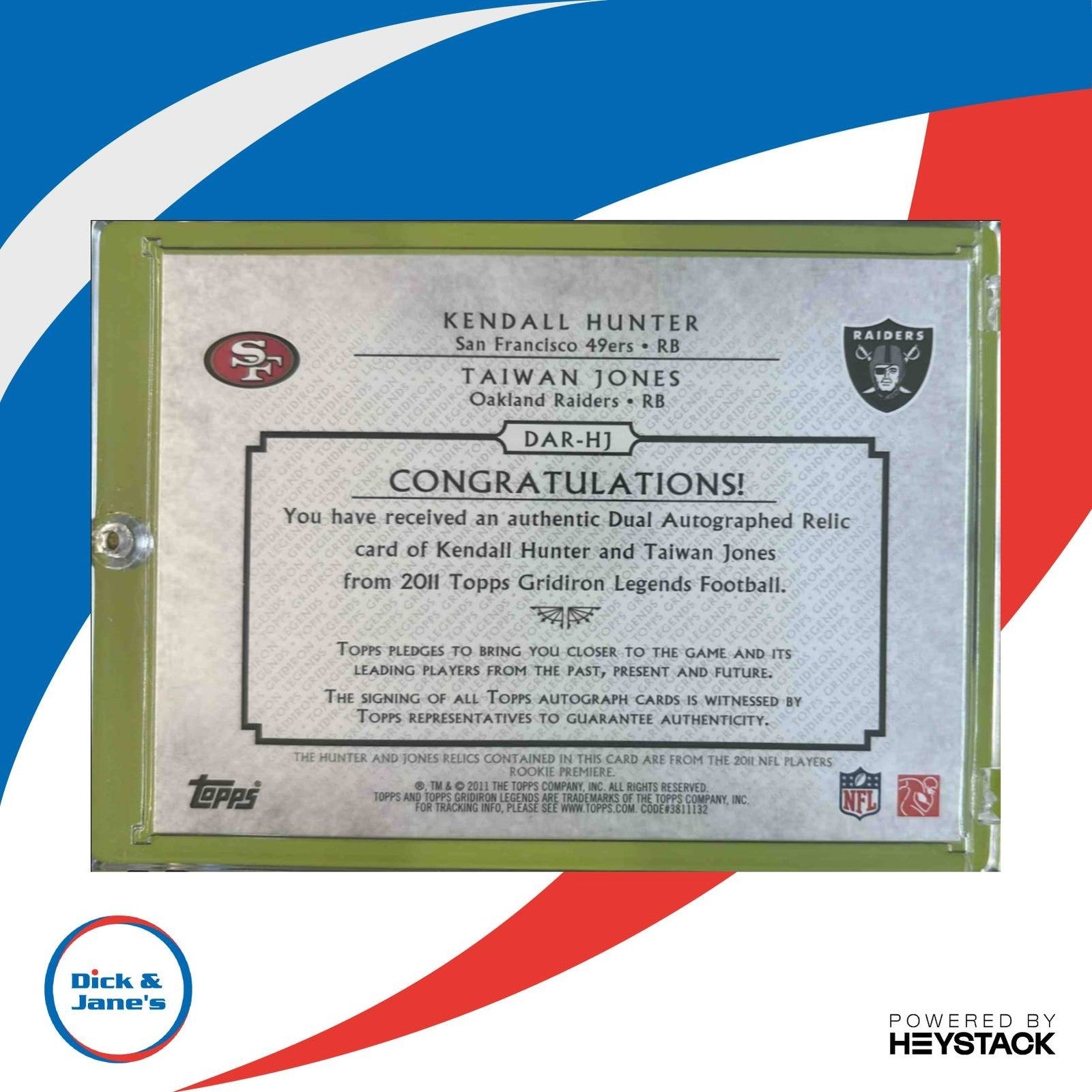 2011 Topps Gridiron Legends Kendall Hunter Taiwan Jones Dual Auto /10 - Sports Cards