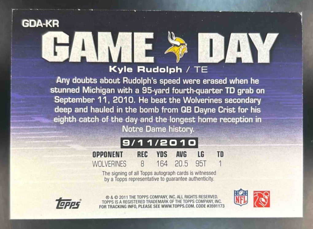 2011 Topps Kyle Rudolph Game Day Auto #GDA-KR RC Minnesota Vikings - Sports Cards