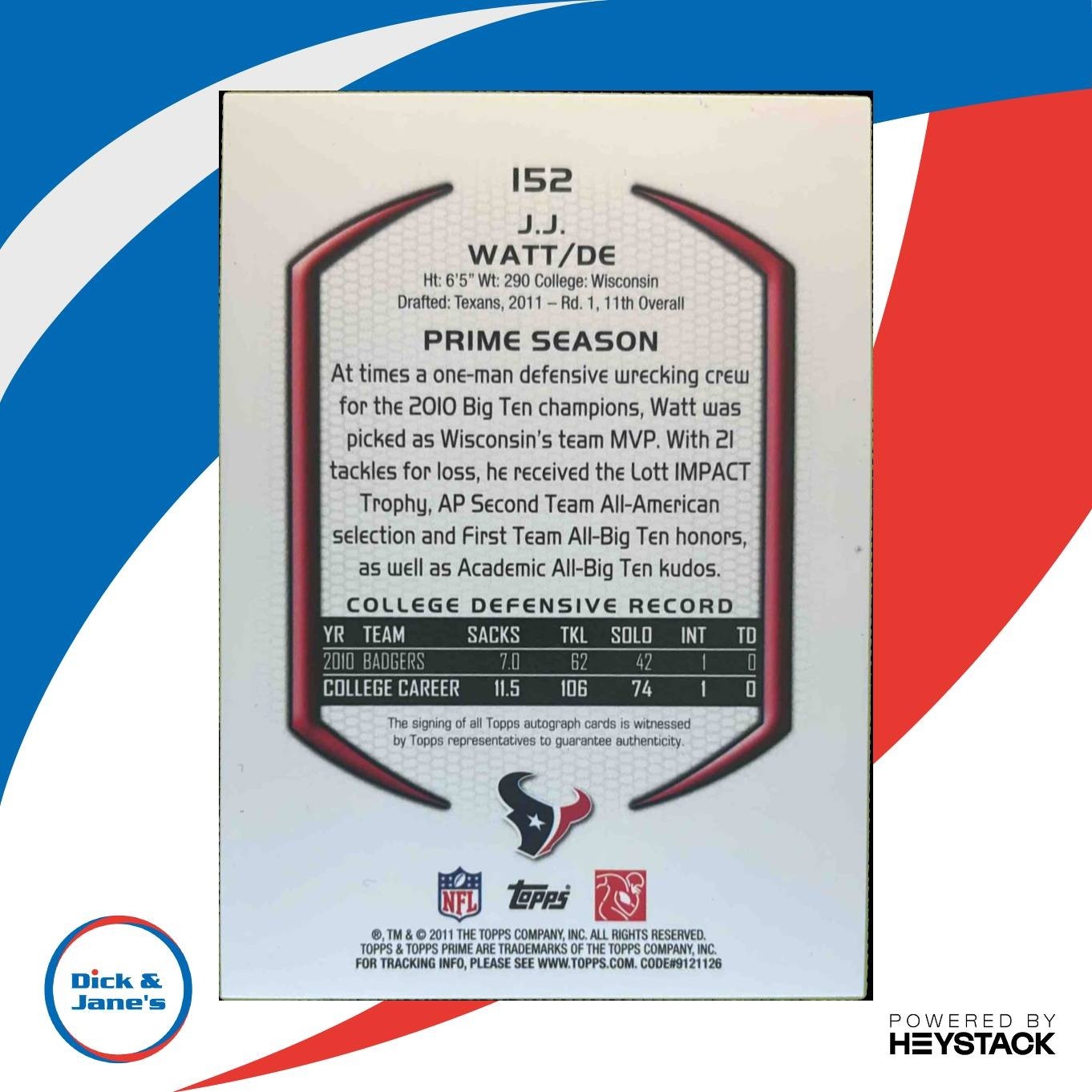 2011 Topps Prime J.J. Watt Rookie Auto /450 #152 RC Houston Texans - Sports Cards