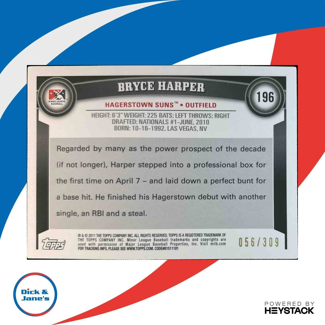 2011 Topps Pro Debut Bryce Harper Blue /309 #196 - Sports Cards